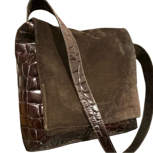 Made in Italy Handbags - MADE IN ITALY Vintage Croc Embossed Glossy Leather/Suede Flap Shoulder Bag